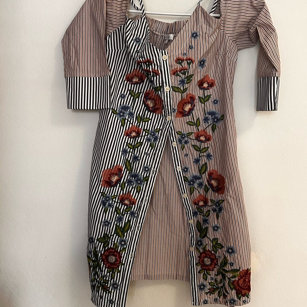 Lulumari Striped Dress with Floral Embroidery